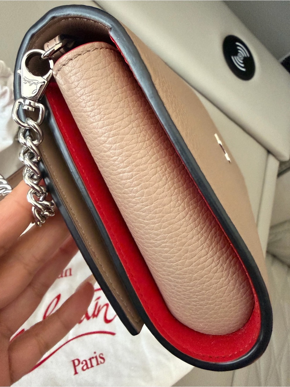 Christian Louboutin Taupe Pebbled Leather Studded Crossbody with Red Strap - Picture 5 of 7